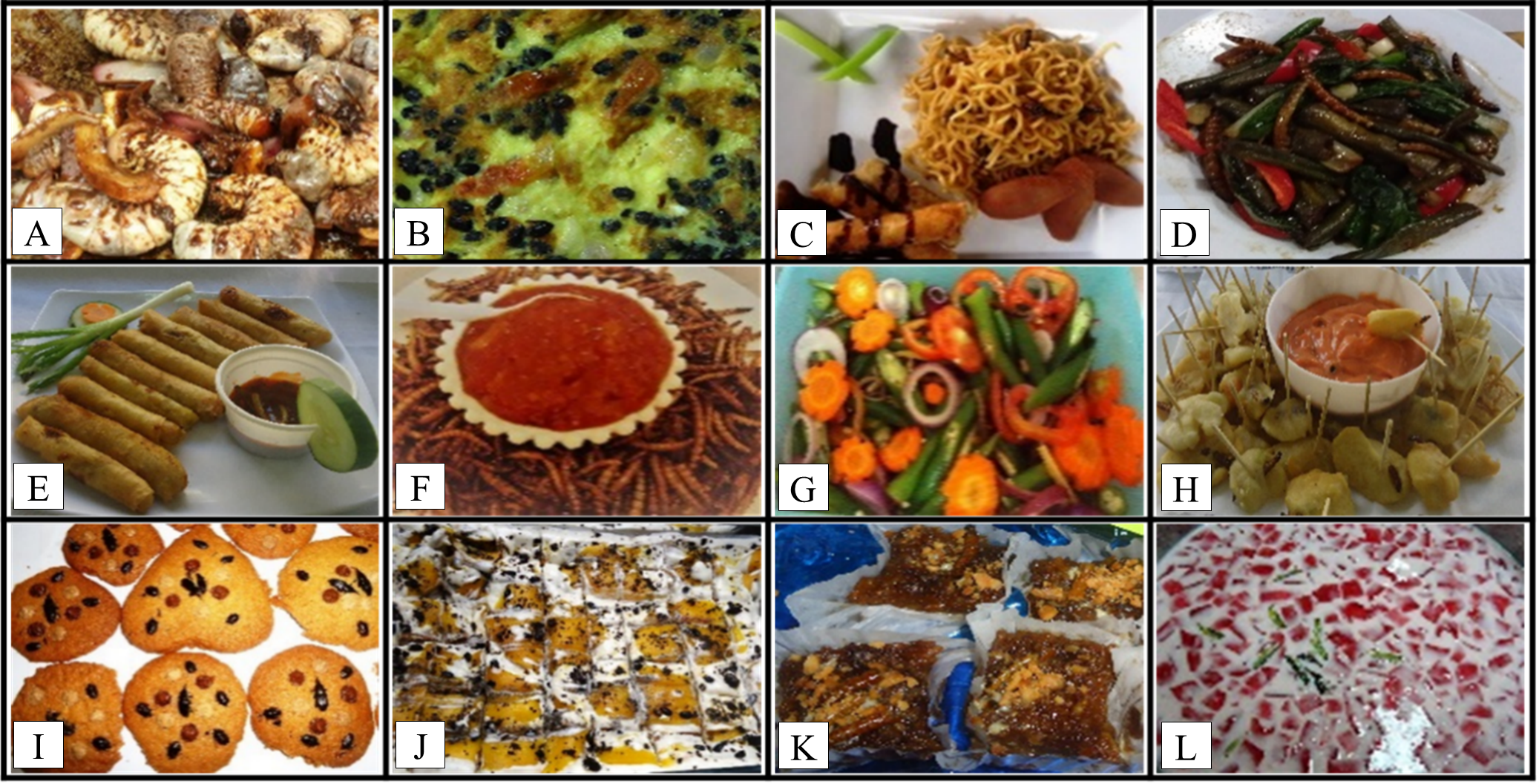 Selected Filipino insect-based dishes developed by the students and served during the insect-eating festivals. (A) Adobong “batod” (Rhynchophorus ferrugineus A.G.Olivier, 1791); (B) scrambled eggs with Malaysian black bugs (Scotinophara coarctata (Fabricius)); (C) pansit (Filipino-style noodles) with grasshoppers Oxya chinensis (Thunberg, 1815); (D) stir-fried vegetables topped with crispy fried superworms Zophobas morio (Fabricius, 1776); (E) superworm Z. morio lumpia (fried insect rolls in rice wrapper); (F) deep-fried superworms (Z. morio) with spicy chili sauce; (G) steamed vegetable salad with fried superworms (Z. morio); (H) fried palapa (traditional crochets) with Z. morio; (I) buttered insect cookies (S. coarctata; and Odoiporus longicollis G.A.K.Marshall, 1930); (J) Graham mango float dessert with Malaysian black bugs (S. coarctata); (K) superworm (Z. morio); biko (steamed rice cake with caramelized coconut); and (L) cathedral window gelatin with grasshoppers (Oxya chinensis Thunberg, 1815).